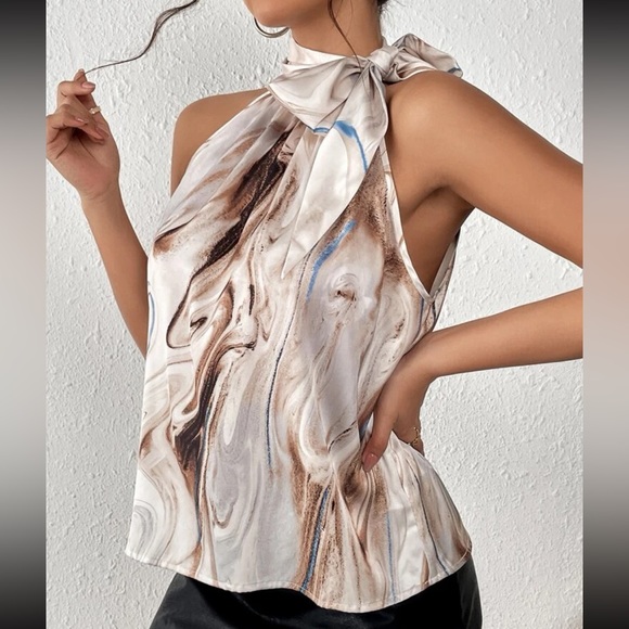 Elegant WaterColor Marble Print Tie Neck Cowl Neck Top Blouse Shirt Boho - Picture 6 of 6